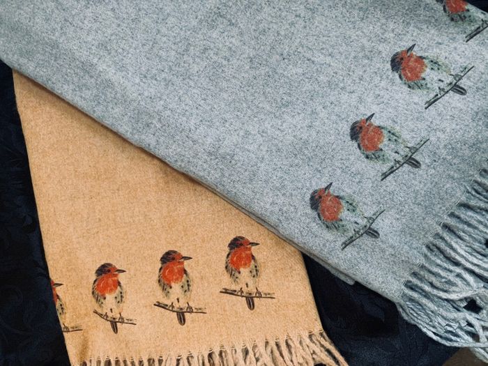 Robins handprinted on Cashmere Blend Scarves